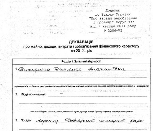 Декларація секретаря Ковязької селищної ради Титаренко Н. А. за 2011 рік