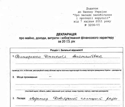 Декларація секретаря Ковязької селищної ради Титаренко Н. А. за 2015 рік